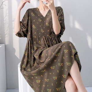 短袖淑女绵绸睡裙女夏季收腰显瘦中长款度假长裙家居服人造棉裙子