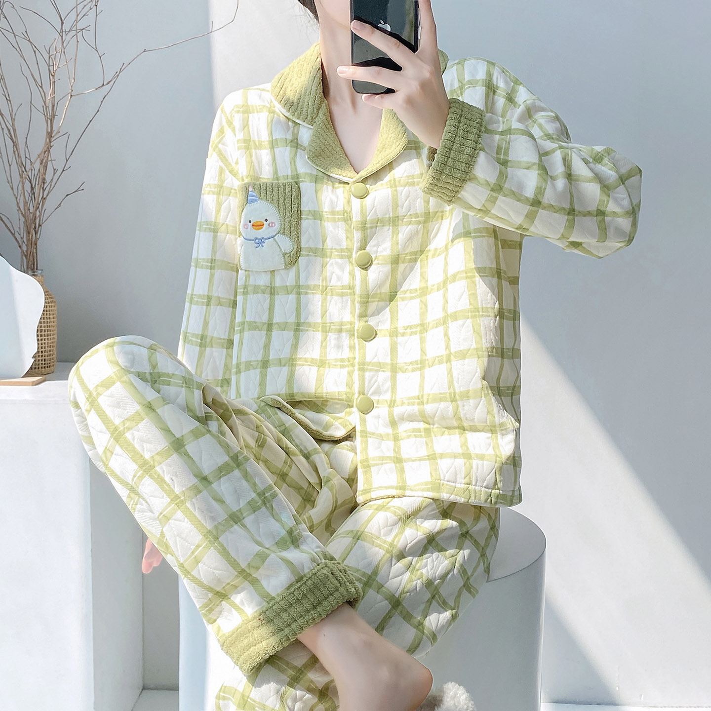 卡通空气棉睡衣女秋冬夹层加厚