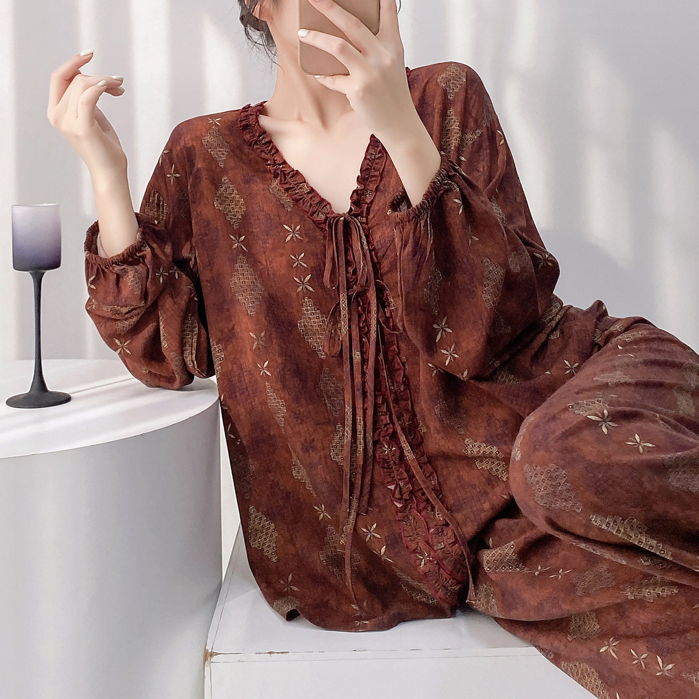 2026新款棉绸睡衣女春季长袖印花家居服宽松可外穿加大码绵绸套装