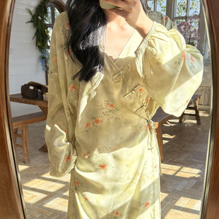 温柔风新中式碎花睡裙女春夏季改良旗袍系带长款连衣裙度假绵绸裙