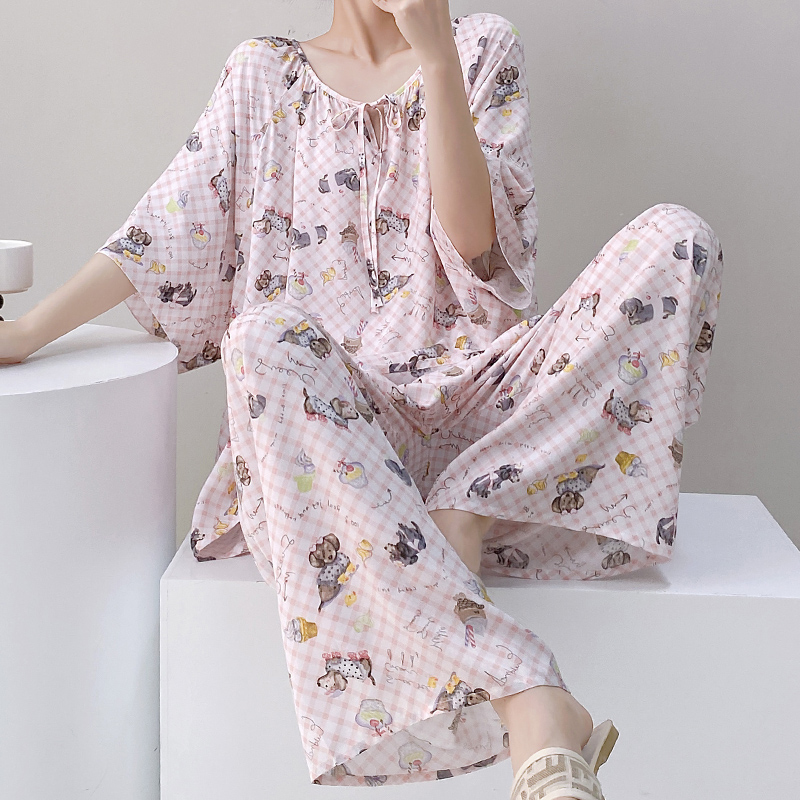 睡衣女夏季薄款棉绸宽松大码家居