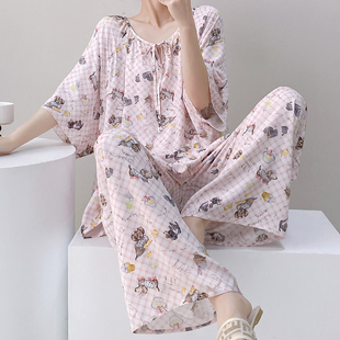 新中式 国风睡衣女夏季 棉绸宽松大码 家居服人造棉可外穿套装