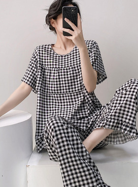 短袖棉绸睡衣女夏季韩版黑色格子防凸点套装宽松大码人造棉家居服