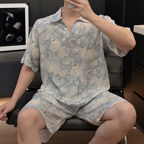 男士夏季棉绸薄款印花睡衣套装