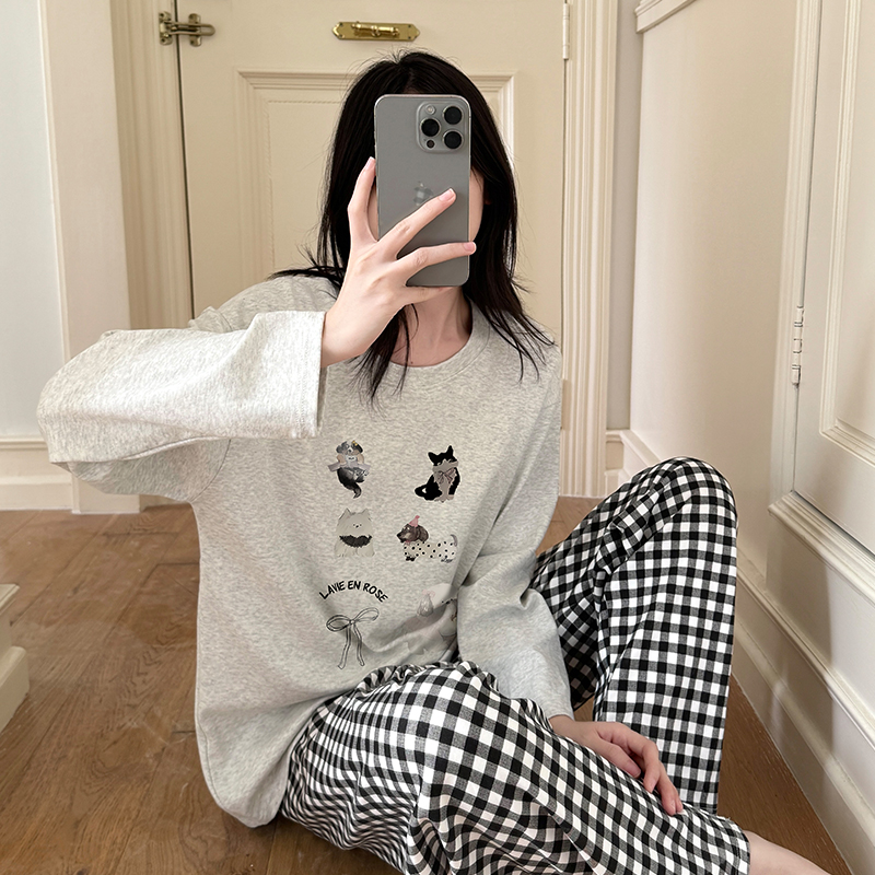 秋冬睡衣套装纯棉全棉女25长袖圆领宽松大码可外穿韩系学生家居服