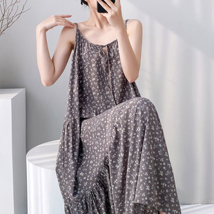 甜美碎花吊带睡裙女夏季可外穿家居服气质长款棉绸连衣裙度假长裙