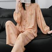 春秋夏季 夏天凉快月子服绵绸套装 棉绸睡衣女长袖 新款 长裤 薄款 大码