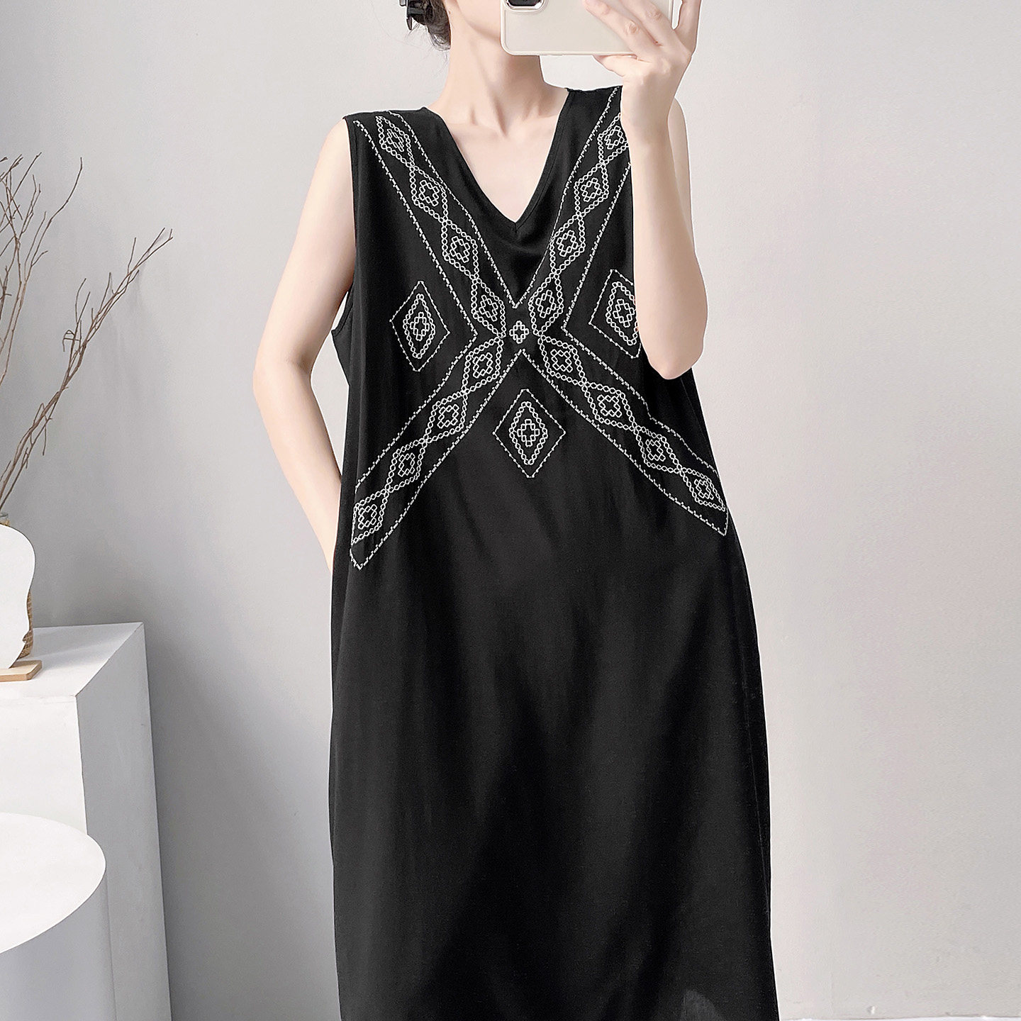 复古风刺绣无袖有口袋睡裙女夏季中长款黑色气质可外穿绵绸裙睡衣