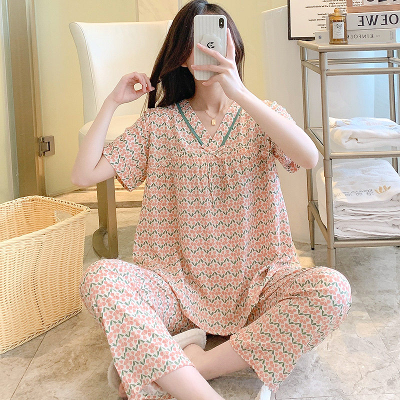 夏季薄款可外穿人造棉家居服宽松韩版甜美短袖长裤两件套睡衣女性