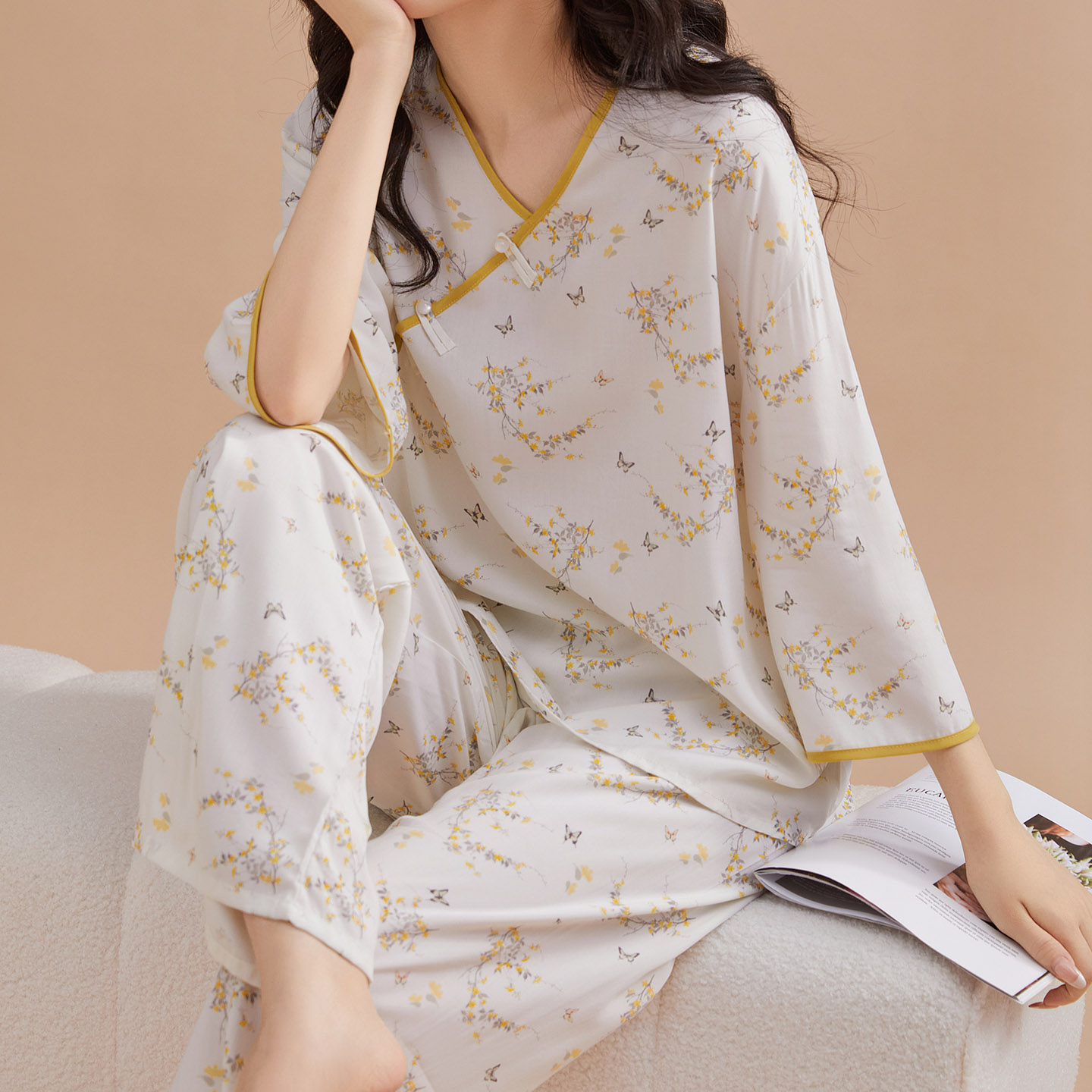 薄款新中式国风青年植物花卉白色