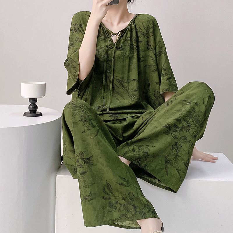 新中式国风棉绸睡衣女款2025新款夏人造棉短袖套装女士绵绸家居服