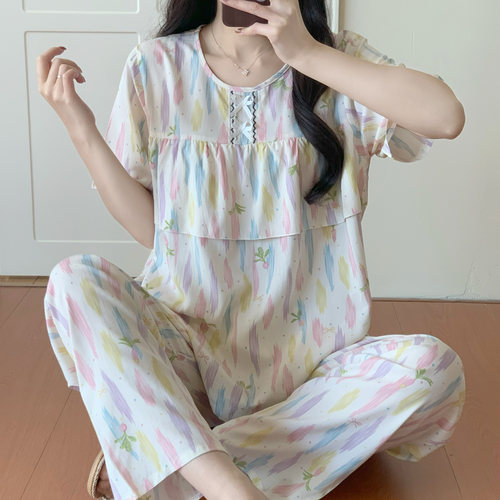 夏季女棉绸薄款防凸点睡衣套装