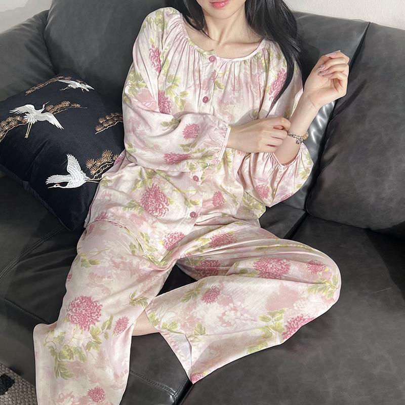 棉绸睡衣女春秋季长袖家居服套装