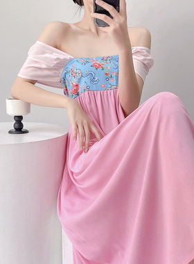 夏季甜美棉绸汉服系带长款睡裙