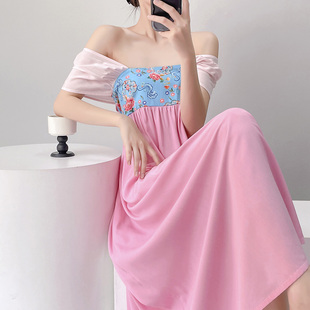襦裙式棉绸睡裙女夏季粉色系带长裙改良汉服绵绸裙家居服甜美裙子