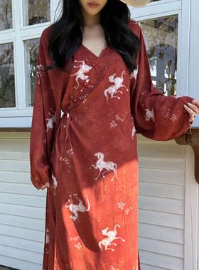 新中式国风棉绸睡裙女春夏季马年新款连衣裙红色收腰系带绵绸裙薄