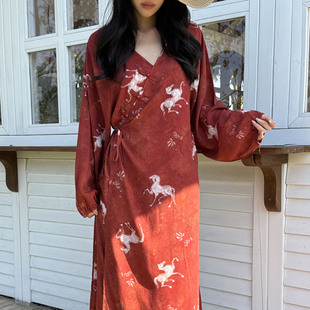 新中式国风棉绸睡裙女春夏季马年新款连衣裙红色收腰系带绵绸裙薄