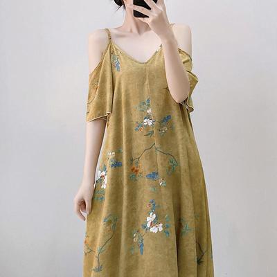 新中式国风绵绸睡裙女春秋夏季2025新款蝴蝶印花家居服棉绸连衣裙