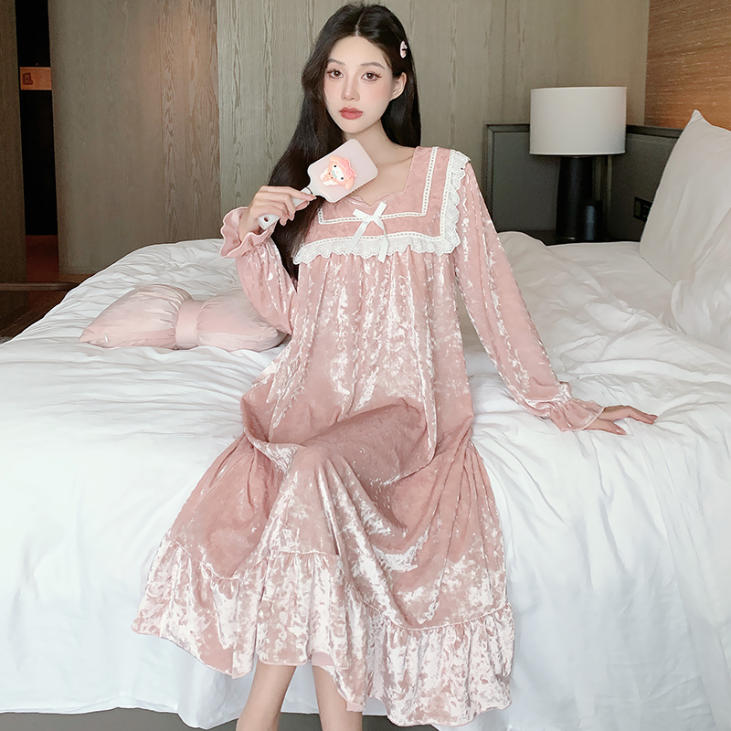 金丝金钻绒宫廷风方领蕾丝花边睡裙女长袖公主风秋冬家居服高级感