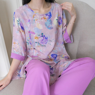 宫廷风女士印花睡衣套装宽松可外穿春夏家居服改良汉服棉绸两件套