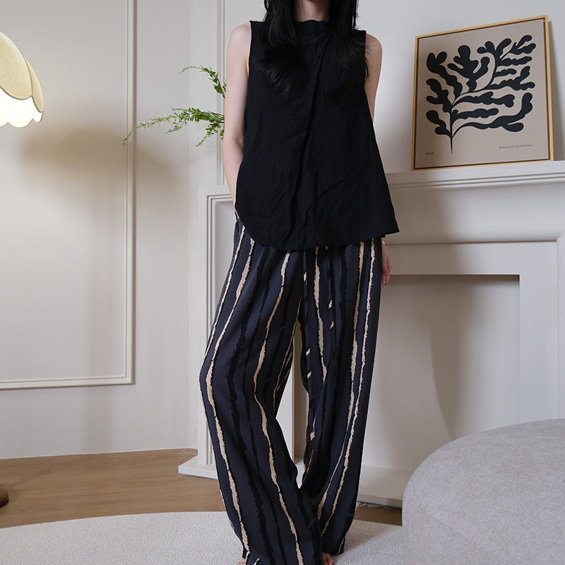 2025新款睡裤女夏季薄款高级感条纹家居裤系带带口袋棉绸裤子加长