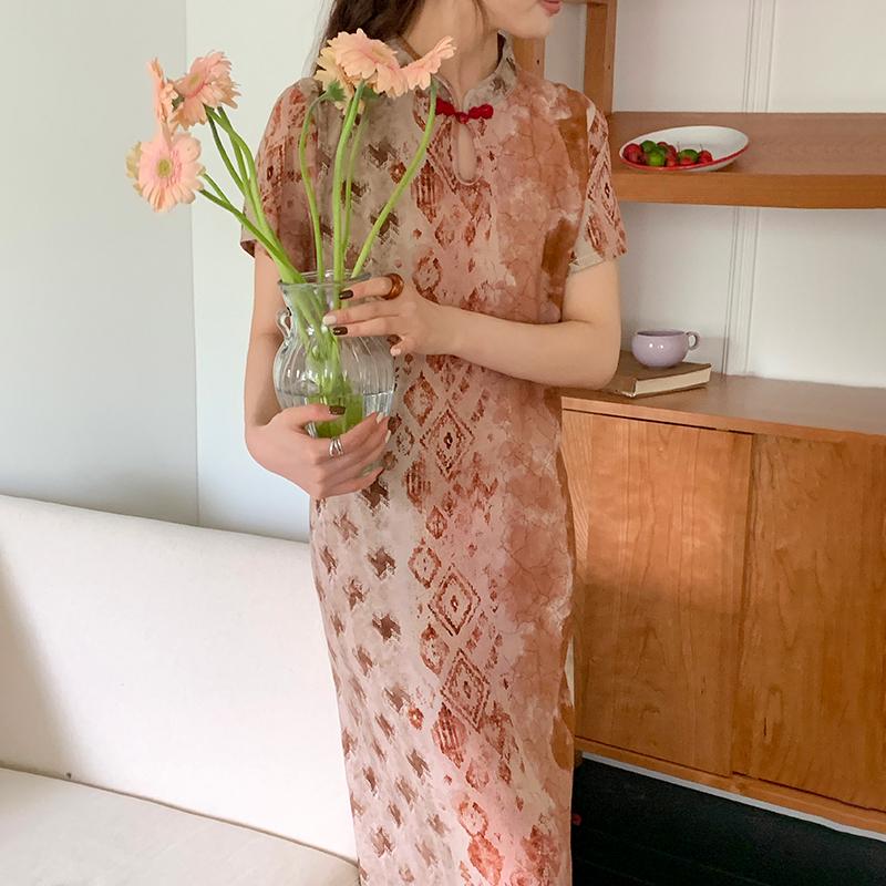 夏季新中式人造棉绵绸连衣裙