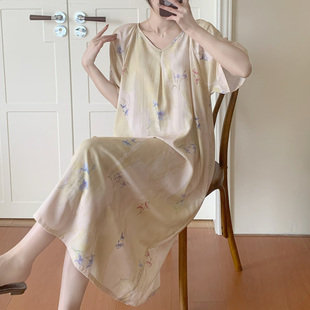 甜美棉绸睡裙女夏季清新碎花短袖中长款夏天薄款睡衣可外穿绵绸裙