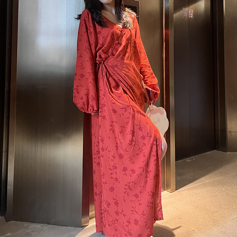 新中式国风复古红新中式睡裙女春夏新款度假长裙家居服绵绸连衣裙