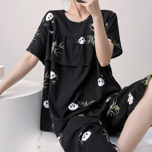 防凸点睡衣女夏季薄款高级感熊猫印花家居服可外穿人造棉两件套装