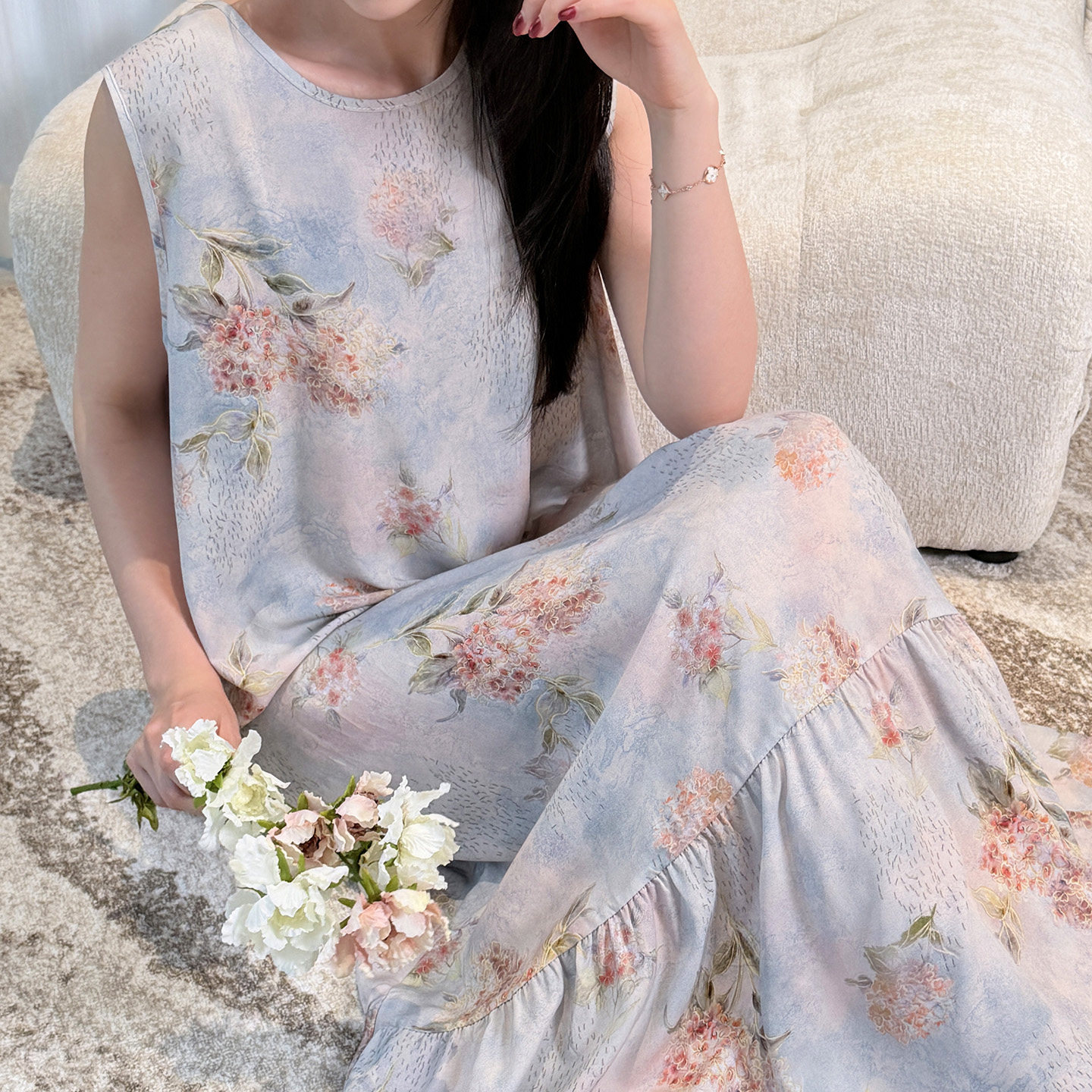 夏季无袖植物花卉睡裙女度假长裙圆领舒适家居服浅蓝色棉绸连衣裙