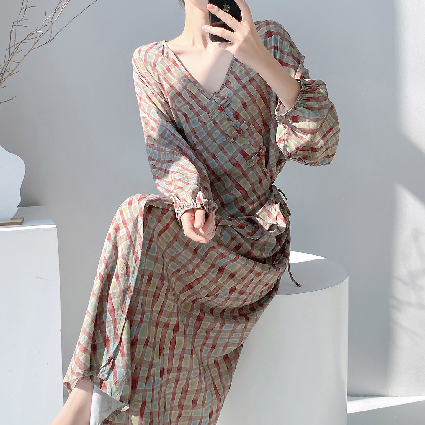 棉绸睡裙女夏季25年复古几何风长袖棉绸睡裙可外穿长裙气质高级感