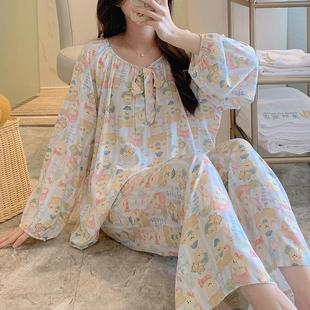 绵绸睡衣女圆领宽松粉色森系小熊卡通可爱家居服人造棉绸套装 长袖