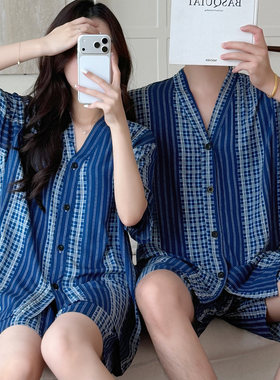夏季情侣薄款条纹开衫睡衣套装
