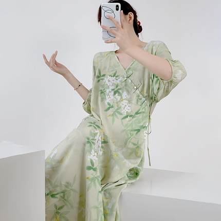 新中式连衣裙睡衣女款2025新款夏季中长款棉绸睡裙家居服裙子