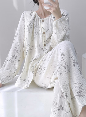新中式纯棉睡衣女款春秋双层纱布国风长袖婴儿棉纱家居服大码套装