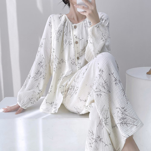 新中式纯棉睡衣女款春秋双层纱布国风长袖婴儿棉纱家居服大码套装