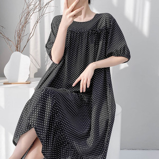 复古波点棉绸睡裙女夏季宽松大码文艺范中长款家居服可外穿连衣裙