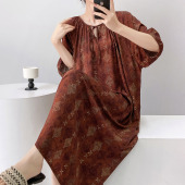 复古风棉绸睡裙女夏短袖 国风长裙可外穿高级感绵绸裙家居服 新中式