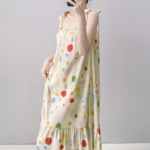 绑带睡裙女夏季 棉绸波点吊带连衣裙甜美少女可外穿度假沙滩裙 薄款