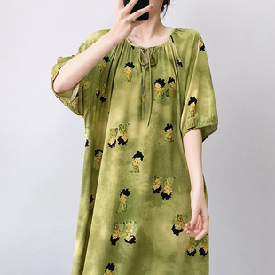 国风小唐人系带睡裙女夏季 连衣裙小清新睡衣 棉绸宽松可外穿中长款