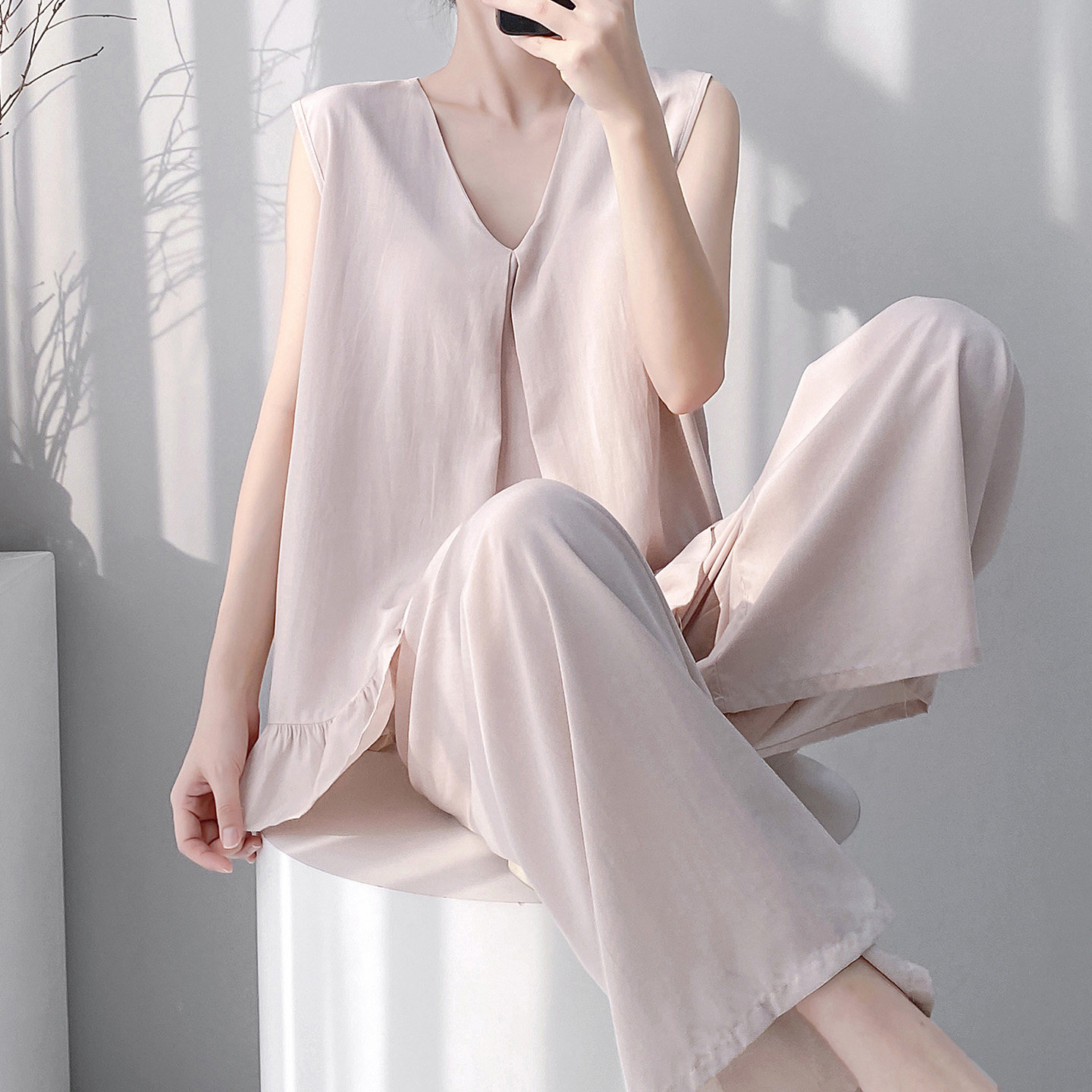 夏季女棉绸带胸垫防凸点睡衣套装图片