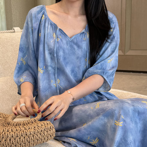夏季新中式棉绸蜻蜓印花睡裙