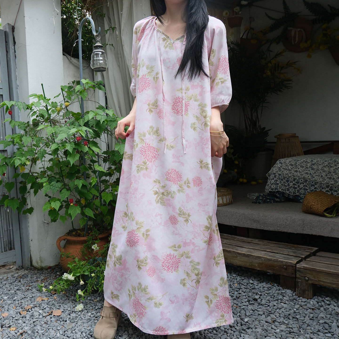 新中式国风睡裙女夏棉绸带内衬高级感睡衣宽松大码家居服薄款长裙