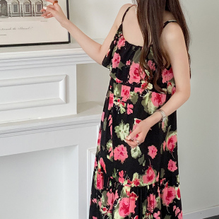 2024年新款防凸点睡裙茶系名媛轻熟气质甜美风绵绸裙子度假沙滩裙