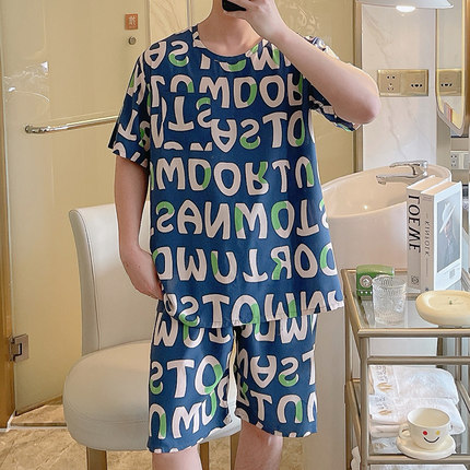 2025新款男士睡衣夏季短袖棉绸薄款字母印花青少年学生家居服套装