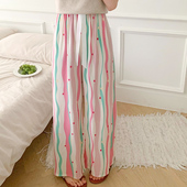 子高腰垂感条纹拖地裤 少女棉绸阔腿裤 宽松直筒休闲长裤 女薄款 睡裤