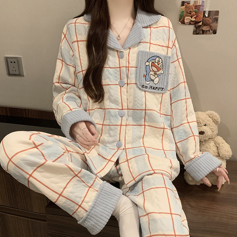 卡通哆啦A梦格子睡衣女秋冬空气棉夹层加厚保暖家居服套宽松长袖