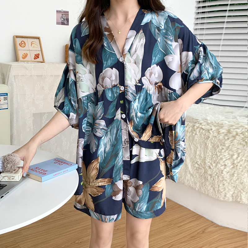 夏天女棉绸森系印花睡衣套装