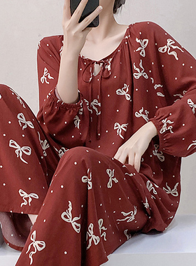 新年战袍棉绸睡衣女春夏红色蝴蝶结印花新中式国风家居服绵绸套装