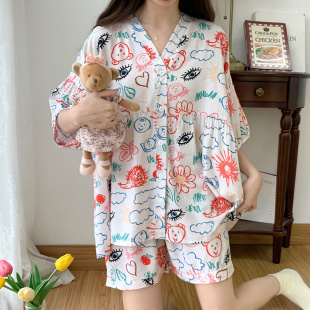 套装 短袖 开衫 卡通棉绸睡衣女夏季 日系可爱人造棉宽松家居服夏 薄款